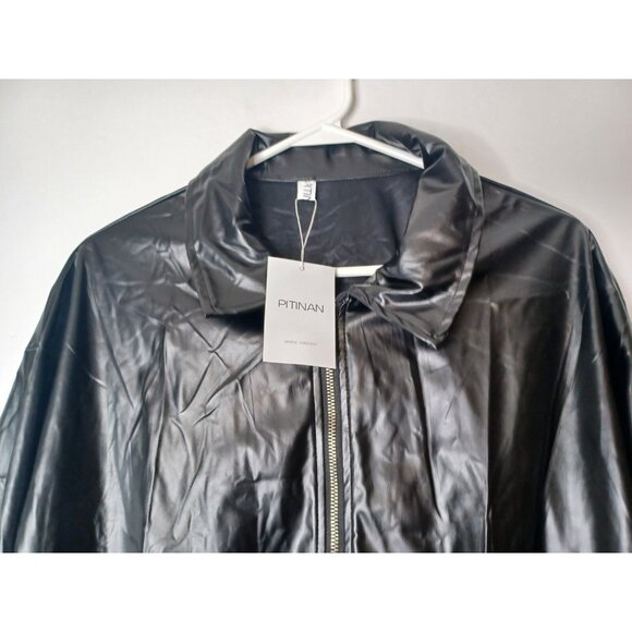 PITINAN Pleather Jacket Women Faux Leather Shacket Casual Long Sleeve Zip Up XL - Picture 3 of 6